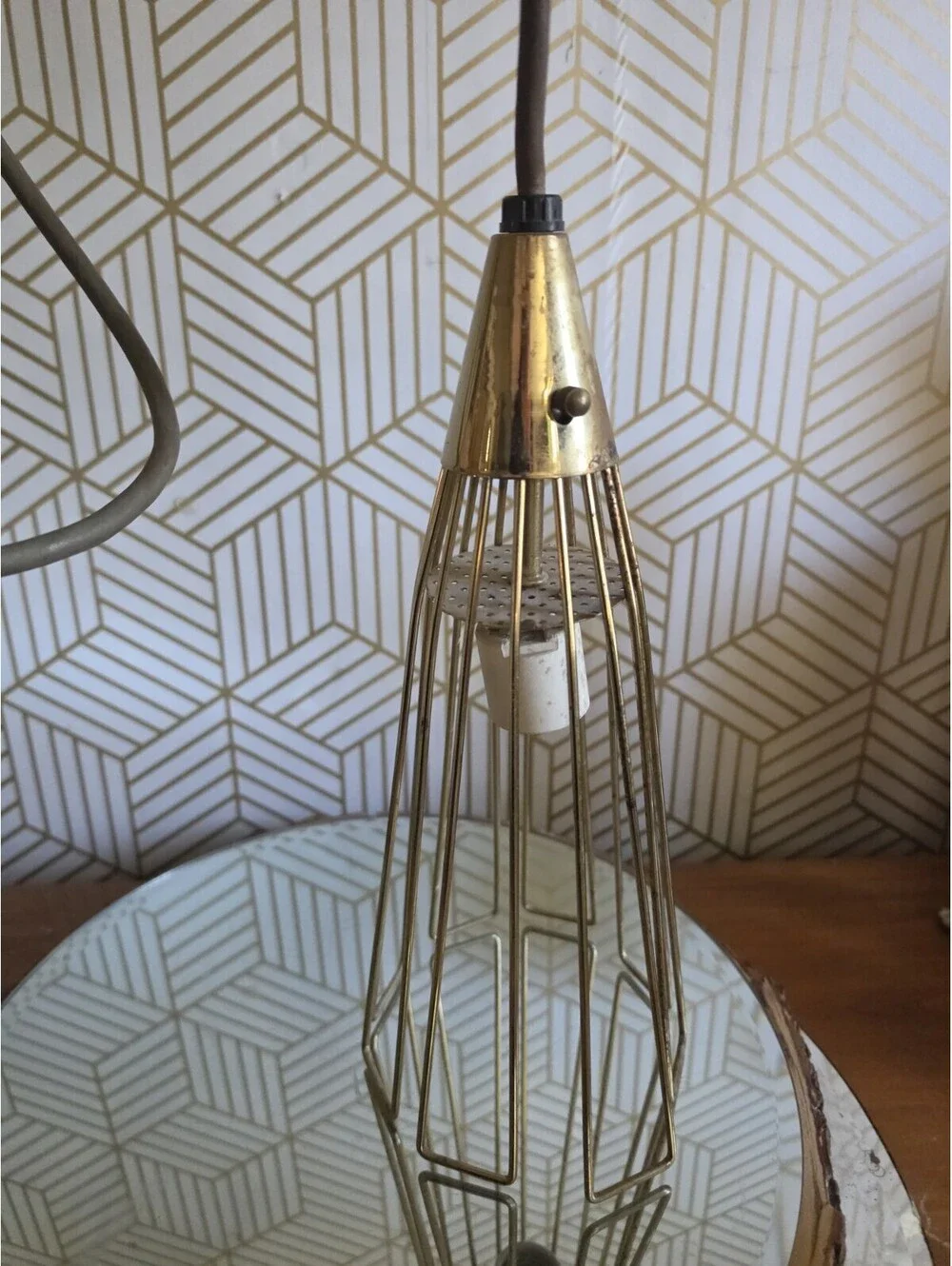 Vintage Midcentury Atomic Conical Wire Gold Cage Pendant Light Hanging Swag 50's